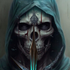 skull wearing hood with knife