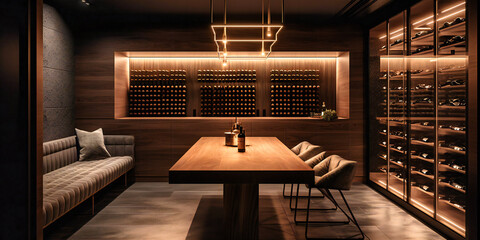 A bird's eye view of a sleek wine cellar with custom storage and seating, featuring a minimalist and luxurious design