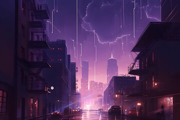Naklejka na ściany i meble Enchanting City Nightscape: A Stunning Concept Art of Starry Skies and Urban Landscapes