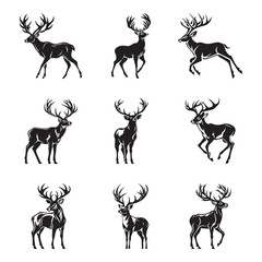 set of silhouette deer isolated on white background
