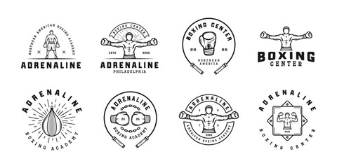 Boxing and martial arts logo badges and labels in vintage style. Motivational posters with inspirational quotes. Vector - obrazy, fototapety, plakaty