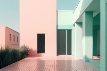 Modern architecture, pink and turquoise colors. 3d rendering, generative Ai