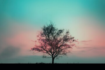 A silhouette of a tree against a pink and blue sky at sunset, generative Ai