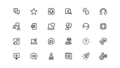 Customer Service and Support - Outline Icon Collection. Thin Line Set contains such Icons as Online Help, Helpdesk, Quick Response, Feedback and more. Simple web icons set