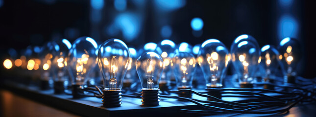 Collection of ideas lighting up. Many light bulbs turning on. Shallow depth of view. generative AI.
 
