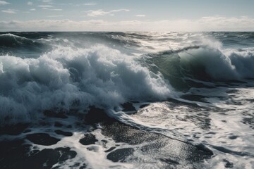 Fototapeta premium Aerial view of stormy sea waves at sunset. Beautiful seascape, generative Ai