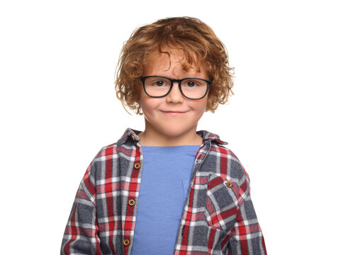 Cute boy wearing glasses on white background