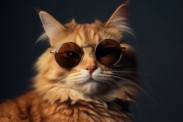 Portrait of a beautiful ginger cat with sunglasses on a dark background, generative Ai