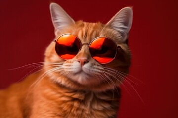 Portrait of a red cat with sunglasses on a red background, generative Ai