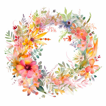 Bunter Regenbogen Blumenkranz gezeichnet mit Wasserfarben Aquarell Perfekt f&uuml;r Sommer Fr&uuml;hlings Hochzeit Feste Taufe Einladungskarten mit bunten Wildblumen