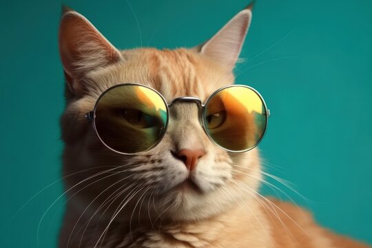 Cute cat with glasses on colour background, close-up, generative Ai