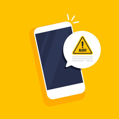 Mobile phone scam alert. Attention or warning sign. Caution warning on a screen. Vector illustration in trendy flat style isolated.