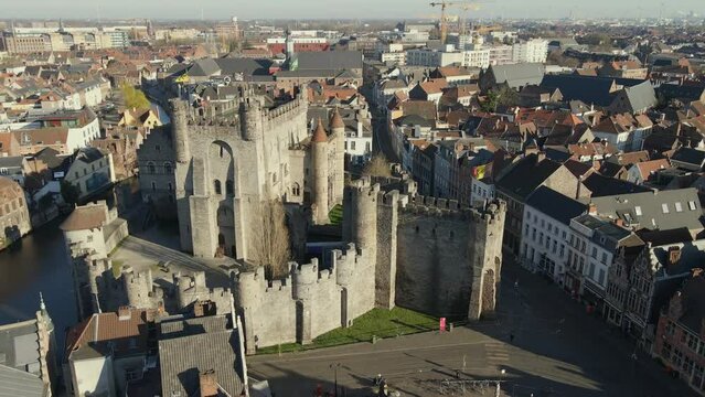 Aerial of Gravensteen Castle and surrounds in Ghent Belgium