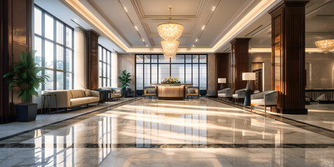 A panoramic view of a modern and professional commercial lobby with gleaming marble flooring