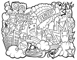 Hand-drawn illustrations, monsters doodle, Hand Drawn cartoon monster illustration,Cartoon crowd doodle hand-drawn Doodle style.black and white stripes coloring  book.
