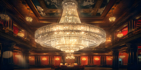 A grand ballroom featuring a luxurious chandelier that creates an opulent and sophisticated ambiance
