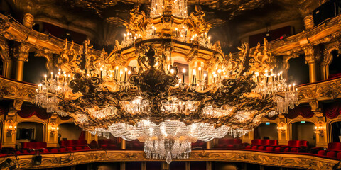 Obraz premium A regal theater featuring a grand chandelier that creates an unforgettable and awe-inspiring experience