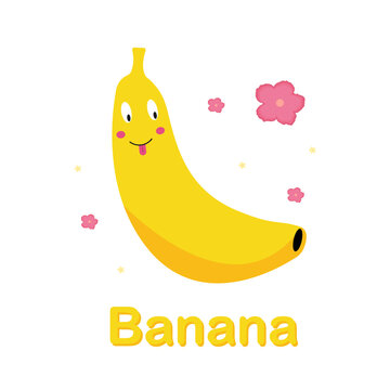 Banana card. Banana with tropical flowers. Vector graphics in cartoon style