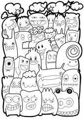 Hand-drawn illustrations, monsters doodle, Hand Drawn cartoon monster illustration,Cartoon crowd doodle hand-drawn Doodle style.black and white stripes coloring  book.