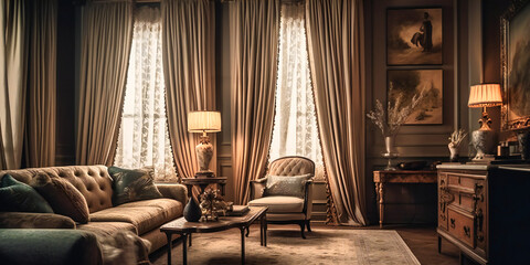 Obraz na płótnie Canvas A close-up of custom-made draperies that add elegance and charm to a luxurious living room