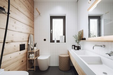 Fototapeta na wymiar Blank horizontal poster frame mock up in minimal style bath room interior, modern bath room interior background