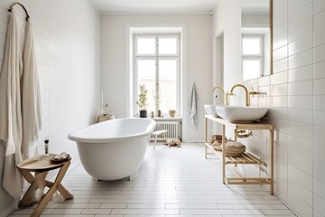 Naklejka na ściany i meble Blank horizontal poster frame mock up in minimal style bath room interior, modern bath room interior background