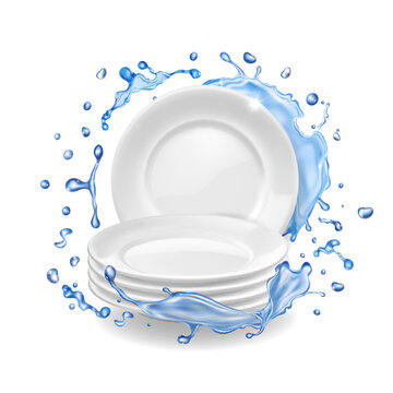 Plates stack in water splash. White clean dishes mockup. Dishwashing stacked kitchen tableware.Realistic 3d realistic vector illustration