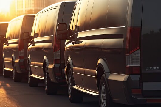 Close-up detail tail light view of many modern luxury black vans parked in row at car sale rental leasing dealer against sunset. Commericial trasfer cargo transportation company fleet. Vip charter