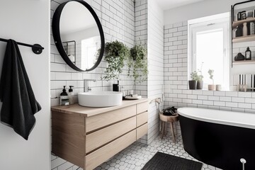 Blank horizontal poster frame mock up in minimal style bath room interior, modern bath room interior background