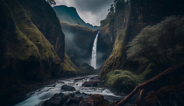 A majestic dramatic mountain scene with beautiful waterfall. Fish eye, wide angle and aerial photography for background or backdrops wallpaper. Generative AI.