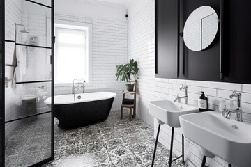 Blank horizontal poster frame mock up in minimal style bath room interior, modern bath room interior background