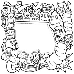 Hand-drawn illustrations, monsters doodle, Hand Drawn cartoon monster illustration,Cartoon crowd doodle hand-drawn Doodle style.black and white stripes coloring  book.