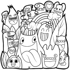 Hand-drawn illustrations, monsters doodle, Hand Drawn cartoon monster illustration,Cartoon crowd doodle hand-drawn Doodle style.black and white stripes coloring  book.