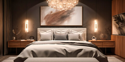 A contemporary bedroom with plush bedding and elegant decor, showcasing a sleek and minimalist design