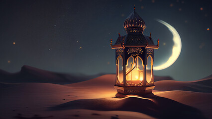 Arabic islamic pattern decoration lantern of ramadan muslim celebration background illustration on desert in the night. Generative AI