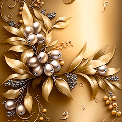 olive branch with silver olives and golden leaves on gold background