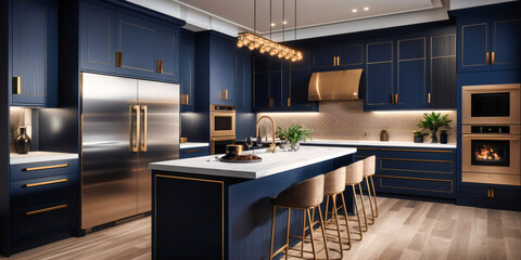 A mid-shot view of a modern luxury kitchen featuring navy blue cabinetry, gold hardware, and top-of-the-line appliances - obrazy, fototapety, plakaty