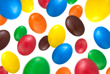 Levitation of multicolored glazed dragee isolated on transparent background.