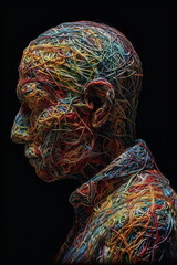A man made of colored woolen threads. Isolated in black background. Generative AI