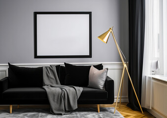 Picture mock up on the wall in living room with sofa and a lamp. Empty space for a text or image. Copy space, add design. Ai generative