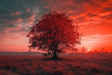 Beautiful autumn landscape with a lonely tree on the meadow at sunset, generative ai
