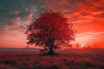 Papier Peint photo autocollant Bordeaux Beautiful autumn landscape with a lonely tree on the meadow at sunset, generative ai