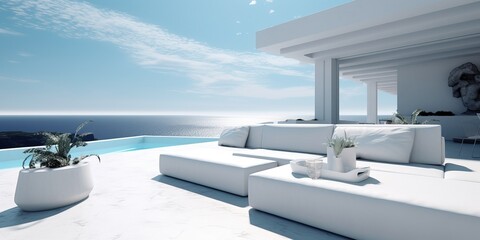 Fototapeta na wymiar Luxury apartment terrace Santorini Interior of modern living room sofa or couch with beautiful sea view. Generative AI