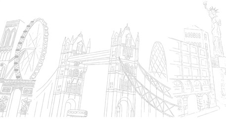 Black and white hand drawn sketches of London, Paris and New York landmarks, vector 