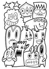 Hand-drawn illustrations, monsters doodle, Hand Drawn cartoon monster illustration,Cartoon crowd doodle hand-drawn Doodle style.black and white stripes coloring  book.