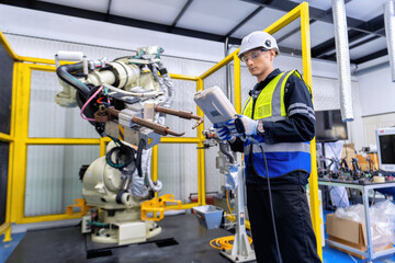 Engineer service robot welding in factory software programming operation test and commissioning