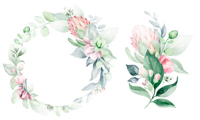 Set of illustrations of watercolor flower bouquet - pale pink, green, pink flower, green leaf leaves, branches of bouquets collection. Wedding stationery, congratulations, wallpapers, backgrounds