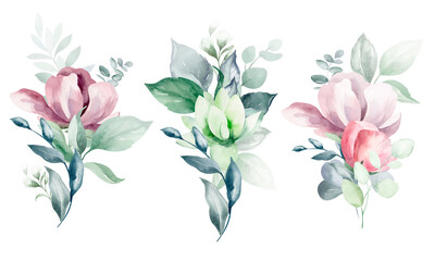 Set of illustrations of watercolor flower bouquet - pale pink, green, pink flower, green leaf leaves, branches of bouquets collection. Wedding stationery, congratulations, wallpapers, backgrounds