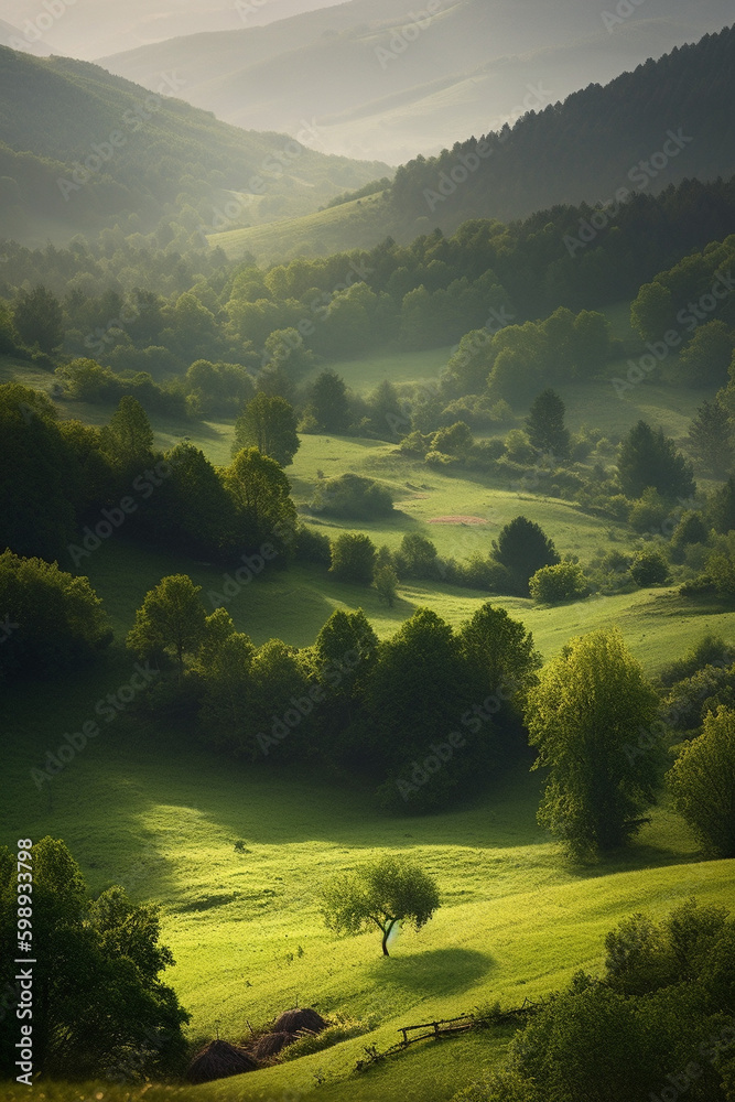 Wall mural layers of trees and green valleys generative ai