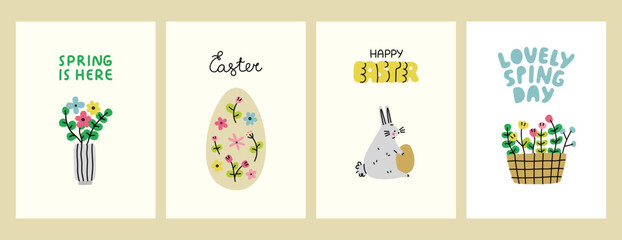 Fototapeta na wymiar Easter and spring greeting card set. Posters with flowers, eggs and bunnies. Vector illustration.